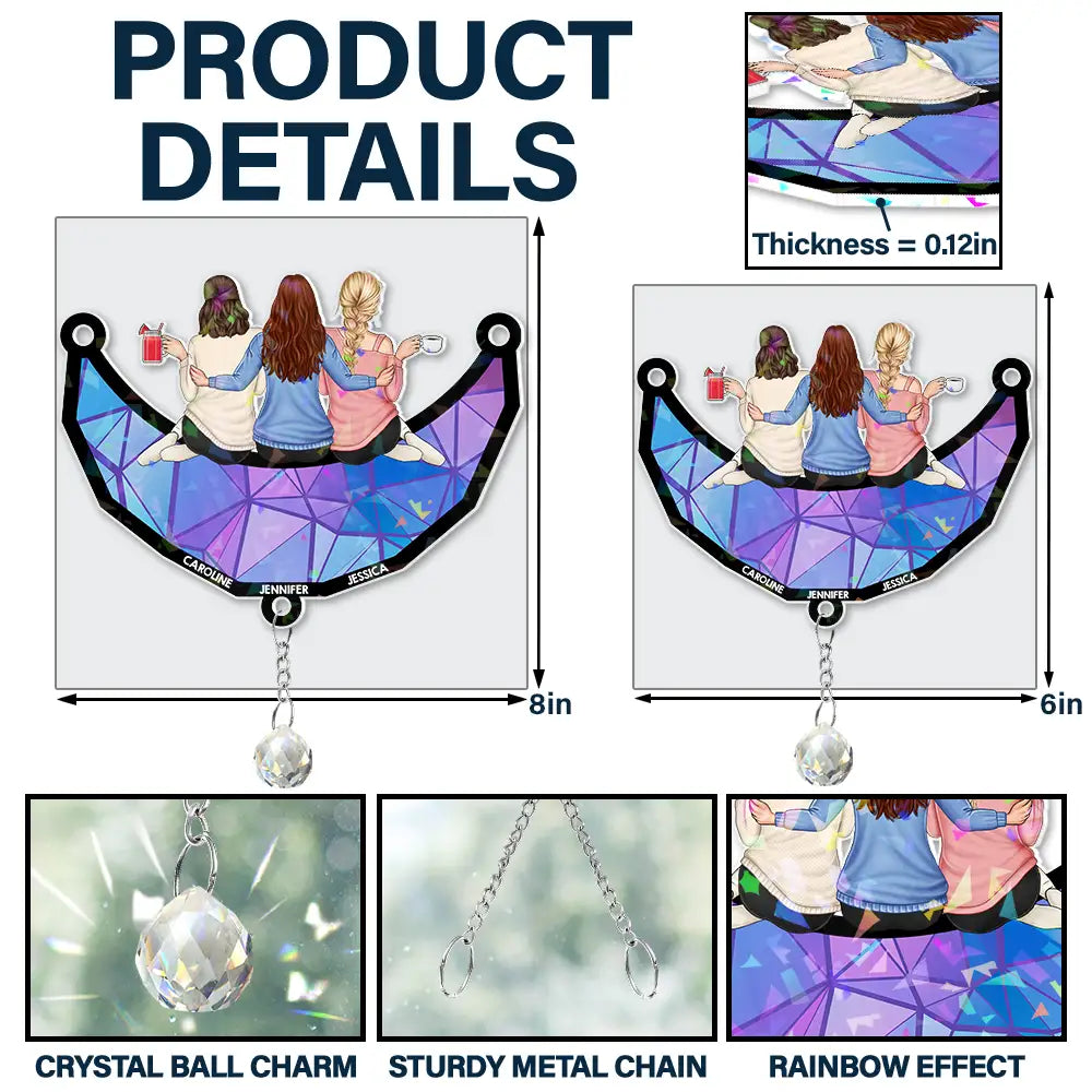 Besties Friends Sitting On The Moon - Personalized Rainbow Suncatcher With Crystal Ball Prism