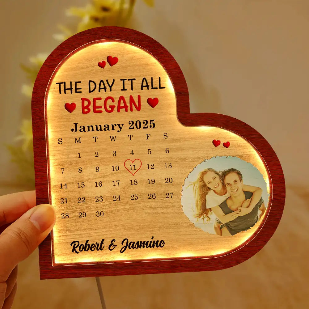 Custom Photo Calendar The Day It All Began - Personalized LED Light Wooden Plaque