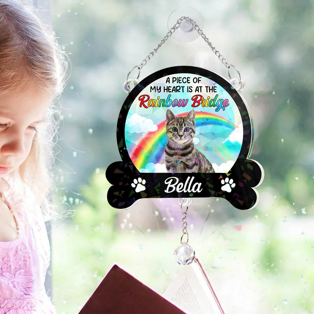 Custom Photo A Piece Of My Heart Is At The Rainbow Bridge - Personalized Rainbow Suncatcher With Crystal Ball Prism