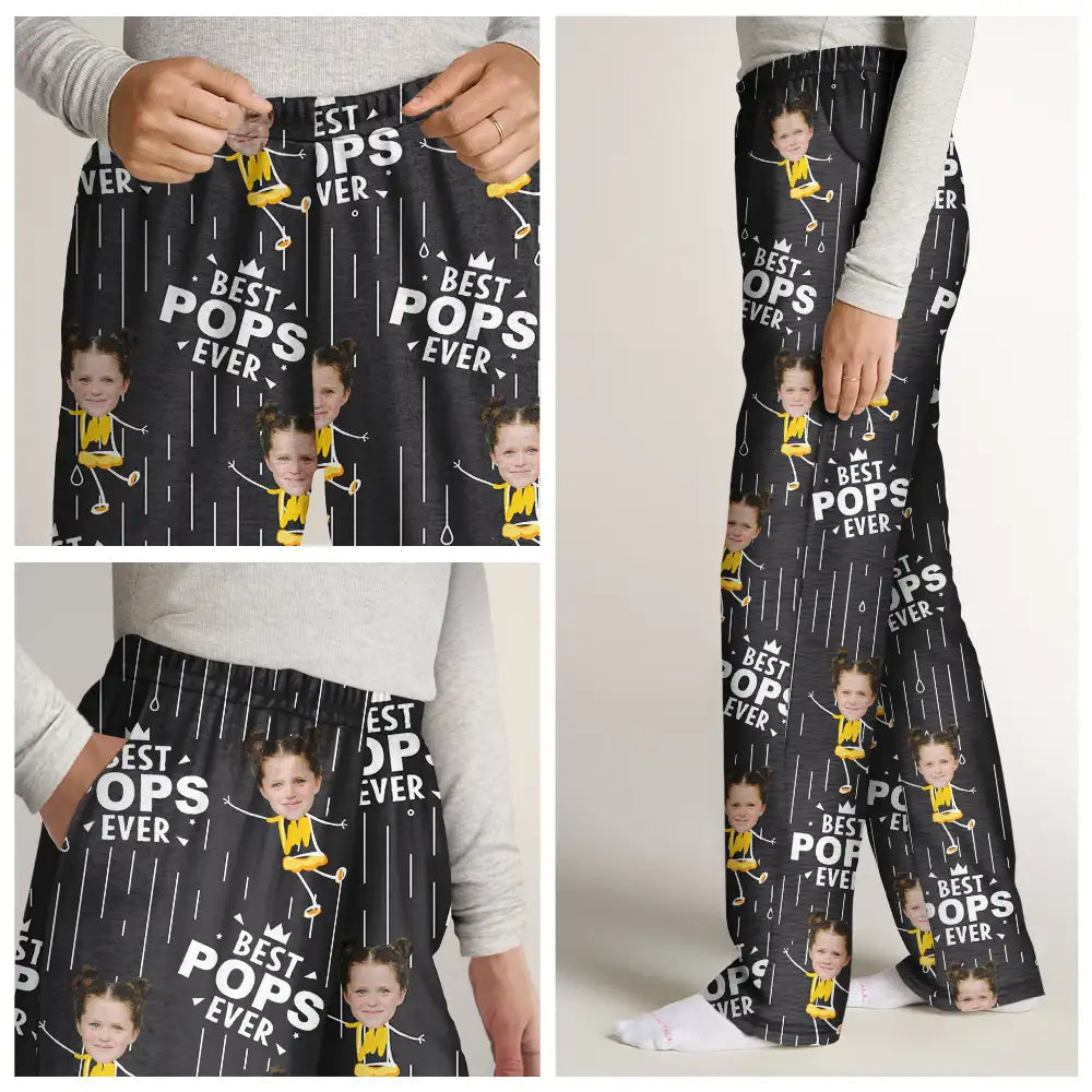 Custom Photo Happy Grandkids Best Papa Grandpa Ever Rain Pattern - Personalized Pajama Pants