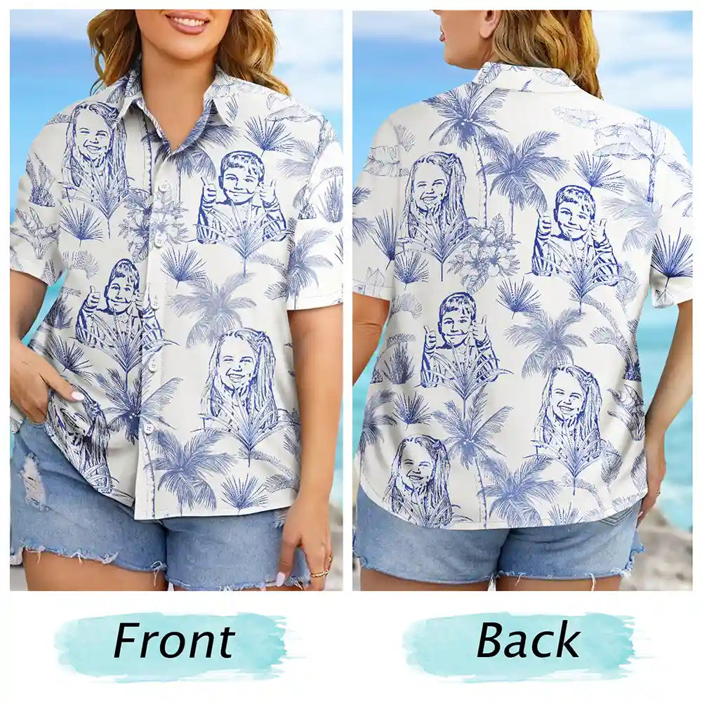 Custom Photo Pencil Drawing Toile De Jouy Pattern Family Pet - Personalized Hawaiian Shirt
