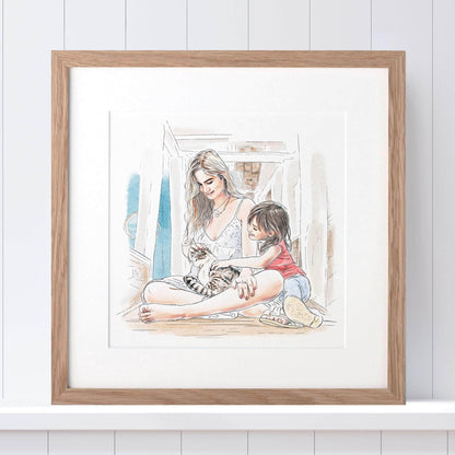 Mummy and Me Line Portrait - Custom Portrait Art