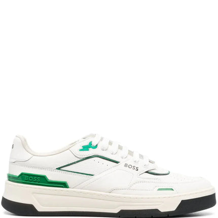 Men's BOSS Logo-Print Panelled Leather Green Sneakers