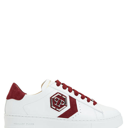 Philipp Plein Lo-Top Arrow Force Men's Leather Sneaker In White-Burgundy