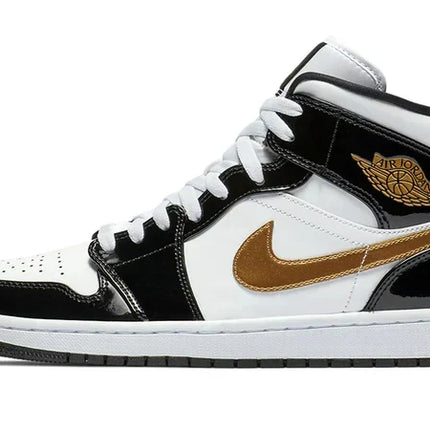 Men's Air Jordan 1 Mid Black Gold Patent Leather Shoes