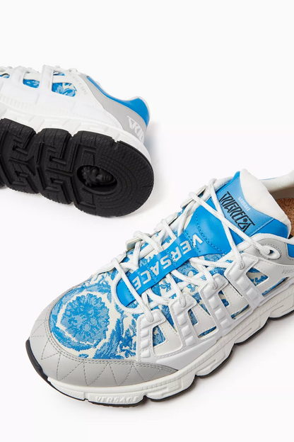 Men's Versace Men's Trigreca Lace Up Barocco Print White Blue Sneakers