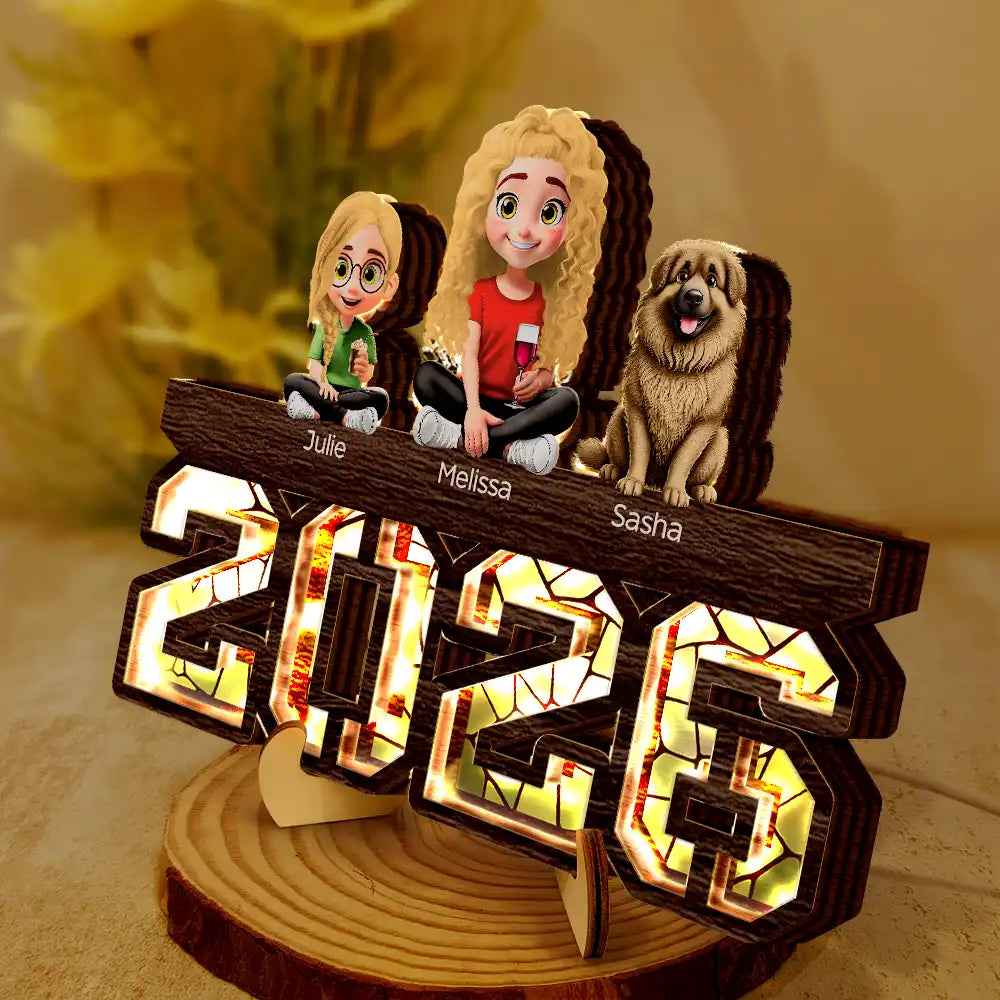 3D Effect Family And Dog Cat - Personalized LED Light Wooden Plaque