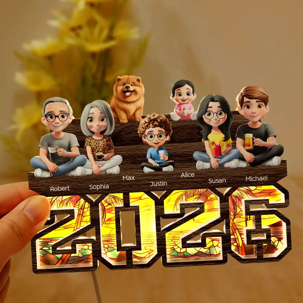 3D Effect Family And Dog Cat - Personalized LED Light Wooden Plaque