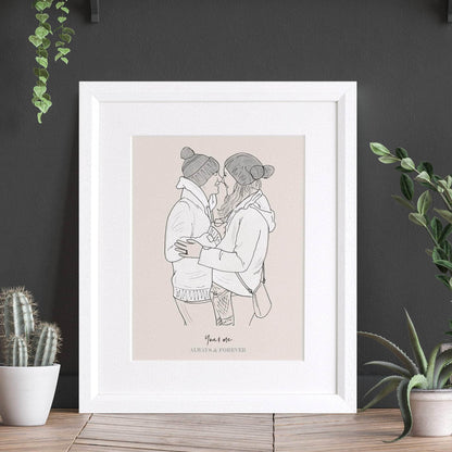 Monochrome Couples Personalised Line Drawing - Custom Portrait Art