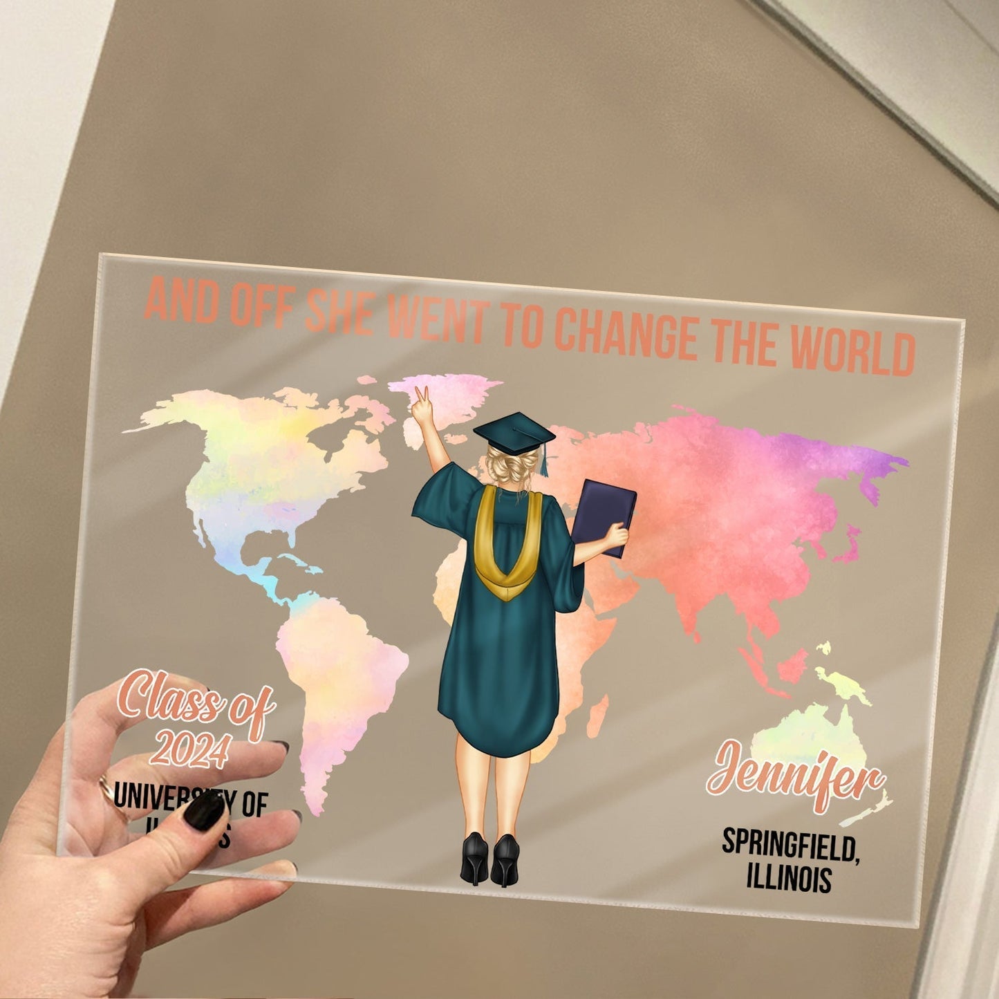 And Off She Went To Change The World - Graduation Gift, Gift For Friends - Personalized Horizontal Rectangle Acrylic Plaque