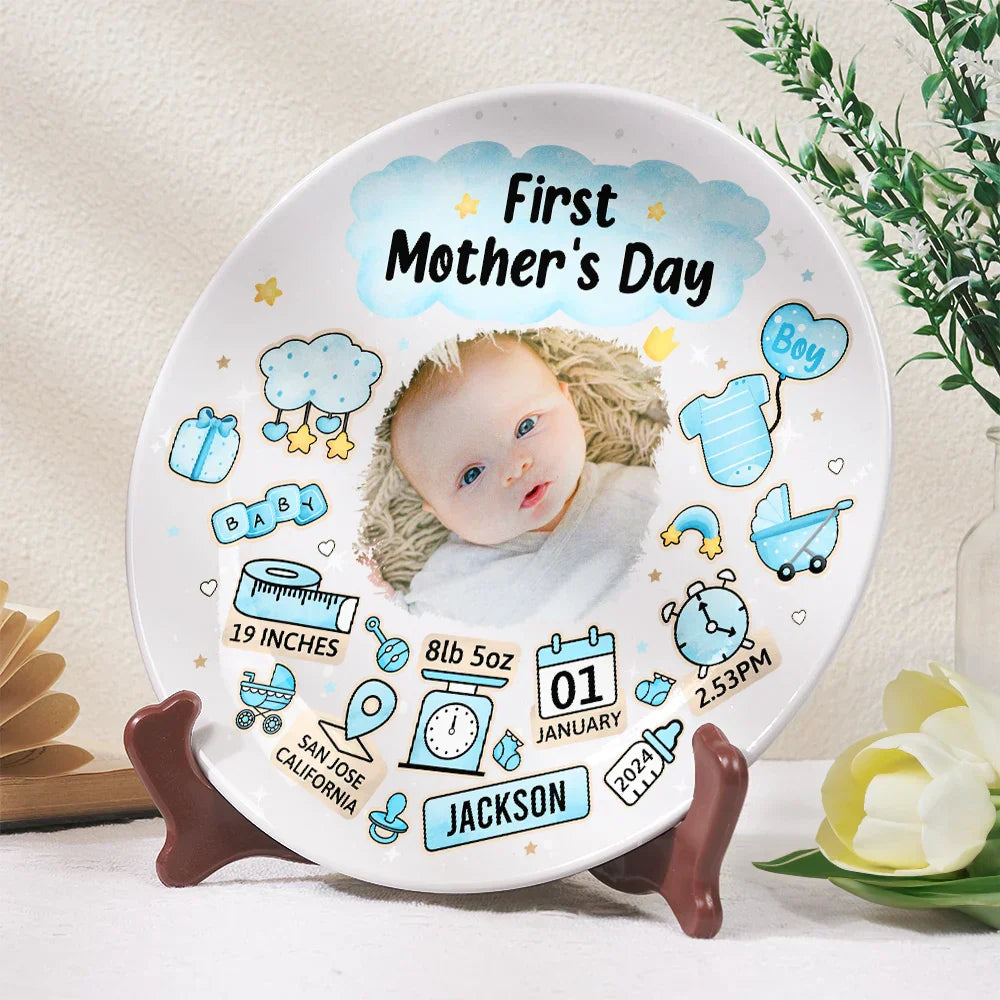 Custom Photo Our First Mother's Day Information Icon - Personalized Ceramic Plate