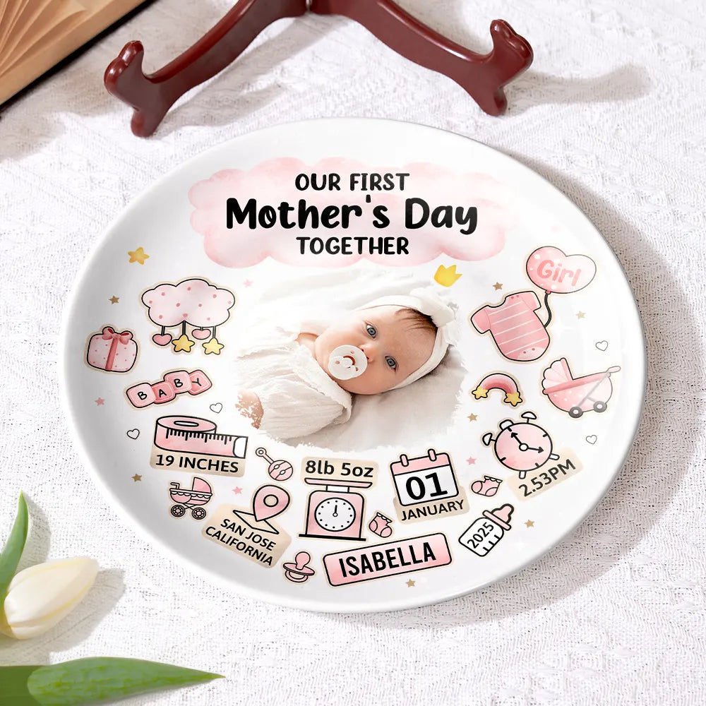 Custom Photo Our First Mother's Day Information Icon - Personalized Ceramic Plate