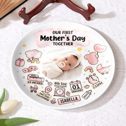 Custom Photo Our First Mother's Day Information Icon - Personalized Ceramic Plate