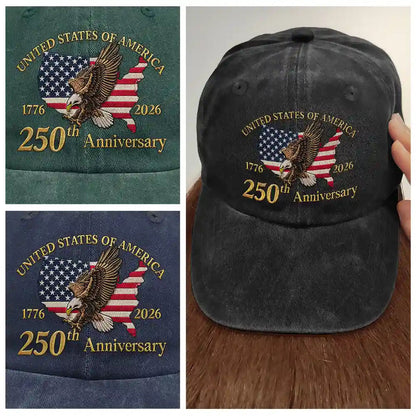 America 250 Faux Embroidery Patriotic Eagle - Vintage Washed Denim Cap