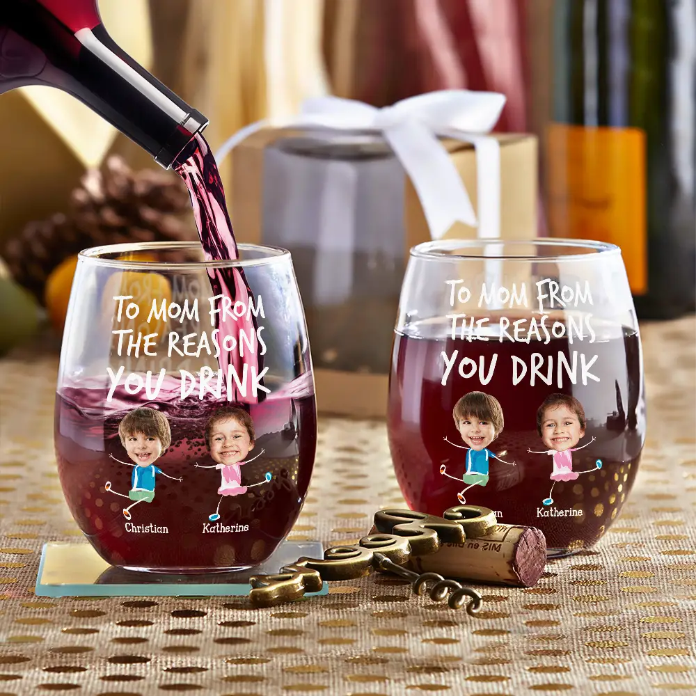 Custom Photo To Mom Dad From The Reasons You Drink - Personalized Stemless Wine Glass