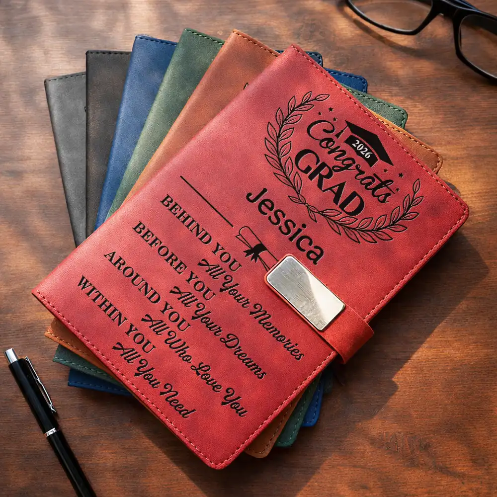 Behind You All Memories Congrats Grad - Personalized Leather Notebook Set