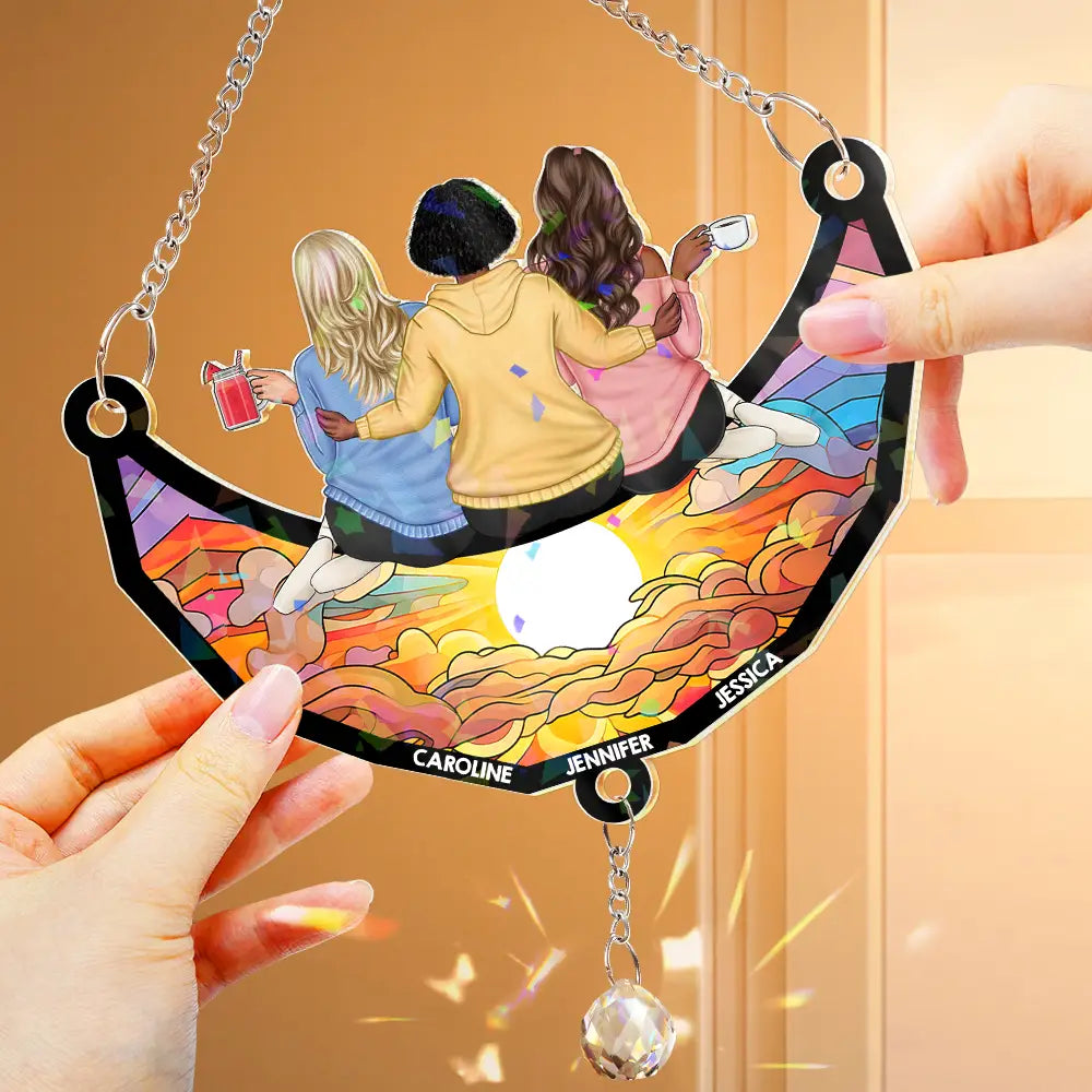 Besties Friends Sitting On The Moon - Personalized Rainbow Suncatcher With Crystal Ball Prism