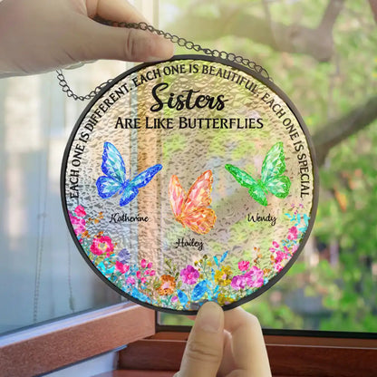 Besties Sisters Friends Are Like Butterflies Crystal Effect - Personalized Stained Glass Window Hanging Suncatcher