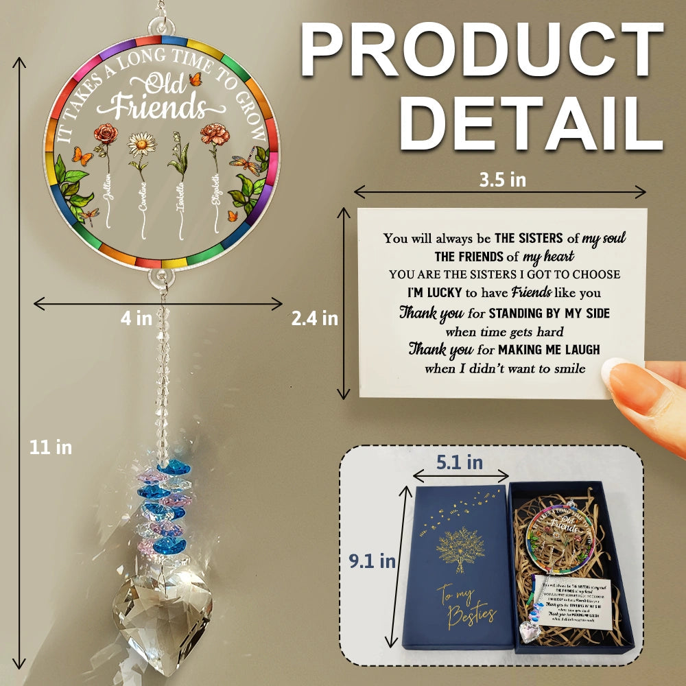 Birth Flower Grow An Old Friend To My Bestie - Personalized Heart Crystal Suncatcher