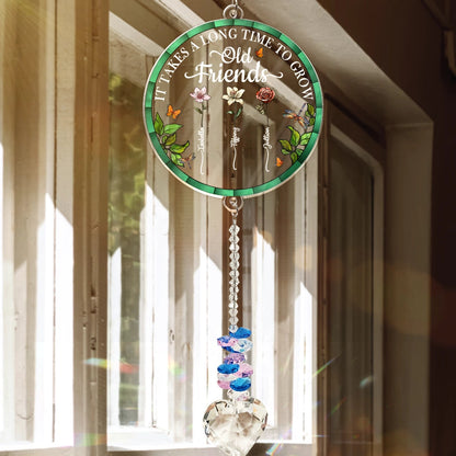 Birth Flower Grow An Old Friend To My Bestie - Personalized Heart Crystal Suncatcher