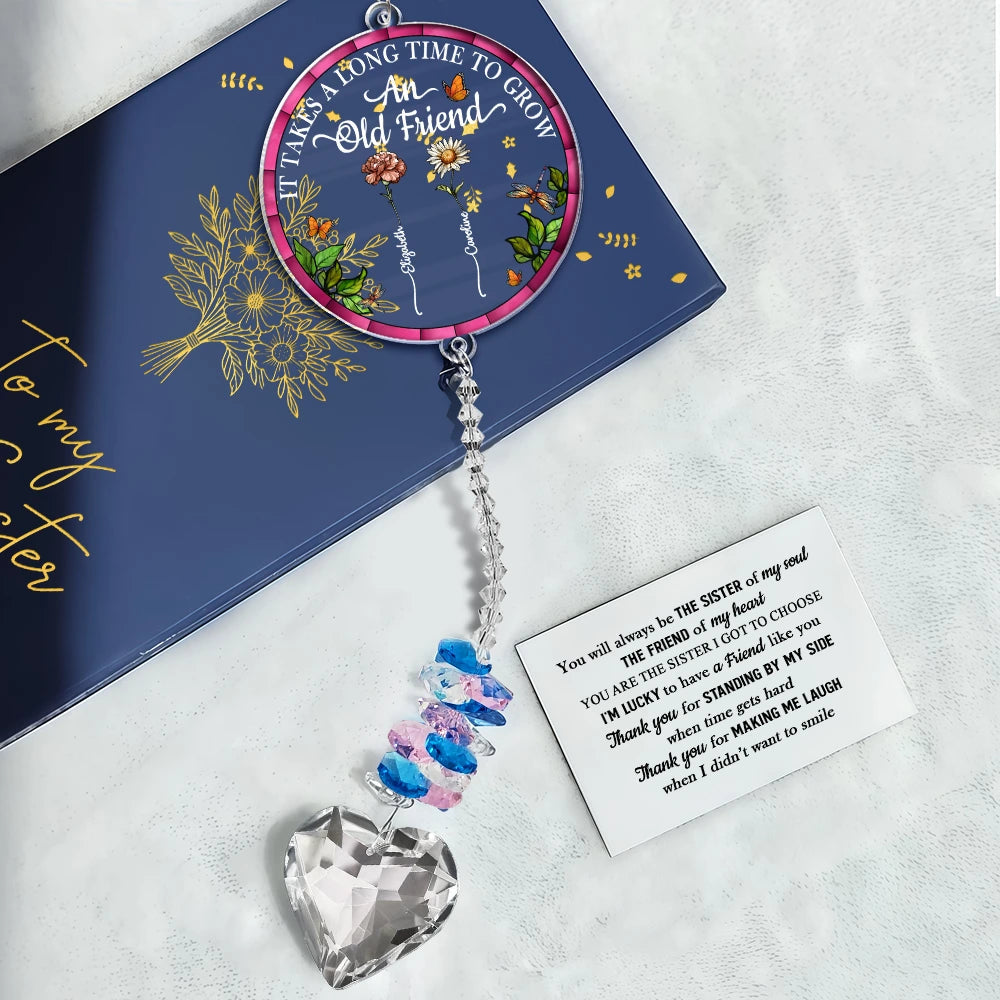 Birth Flower Grow An Old Friend To My Bestie - Personalized Heart Crystal Suncatcher