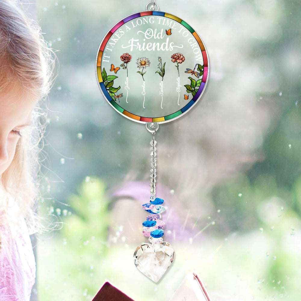 Birth Flower Grow An Old Friend To My Bestie - Personalized Heart Crystal Suncatcher