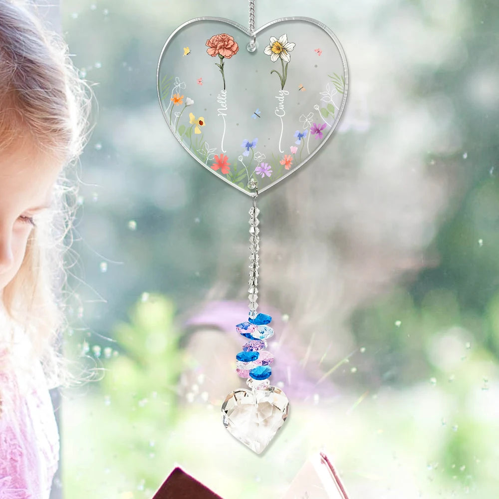 Birth Flower Sisters Besties From The Same Garden - Personalized Heart Crystal Suncatcher