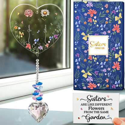 Birth Flower Sisters Besties From The Same Garden - Personalized Heart Crystal Suncatcher