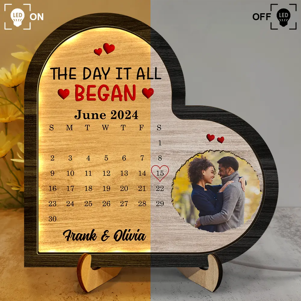 Custom Photo Calendar The Day It All Began - Personalized LED Light Wooden Plaque