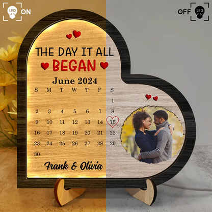 Custom Photo Calendar The Day It All Began - Personalized LED Light Wooden Plaque