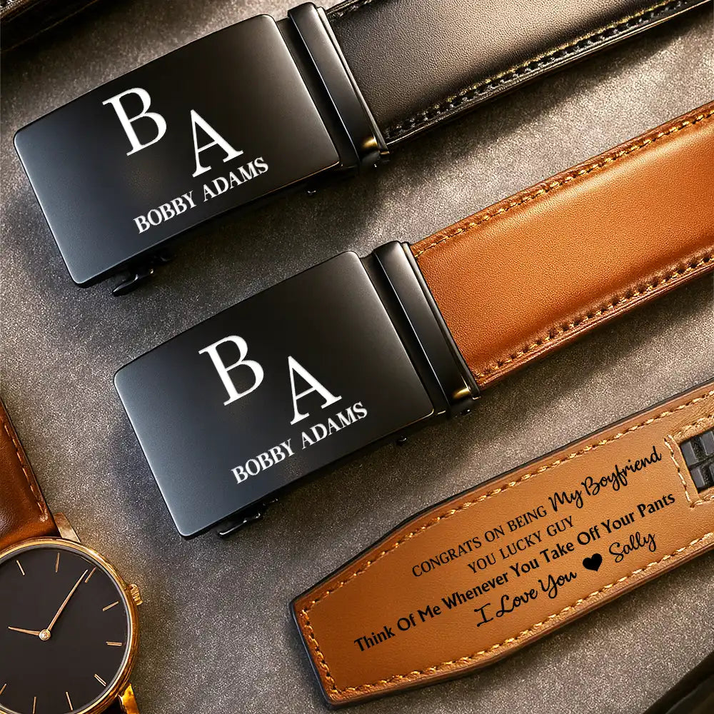 Congrats On Being My Husband You Lucky Man - Personalized Leather Belt With Engraved Buckle