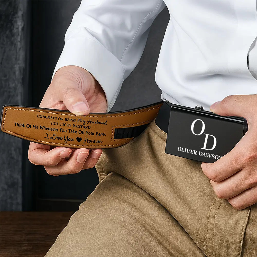 Congrats On Being My Husband You Lucky Man - Personalized Leather Belt With Engraved Buckle