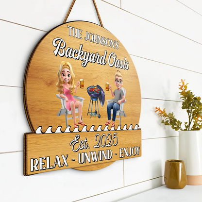 Couple Poolside Paradise Relax Enjoy 3D Effect - Personalized Custom Shaped Wood Sign