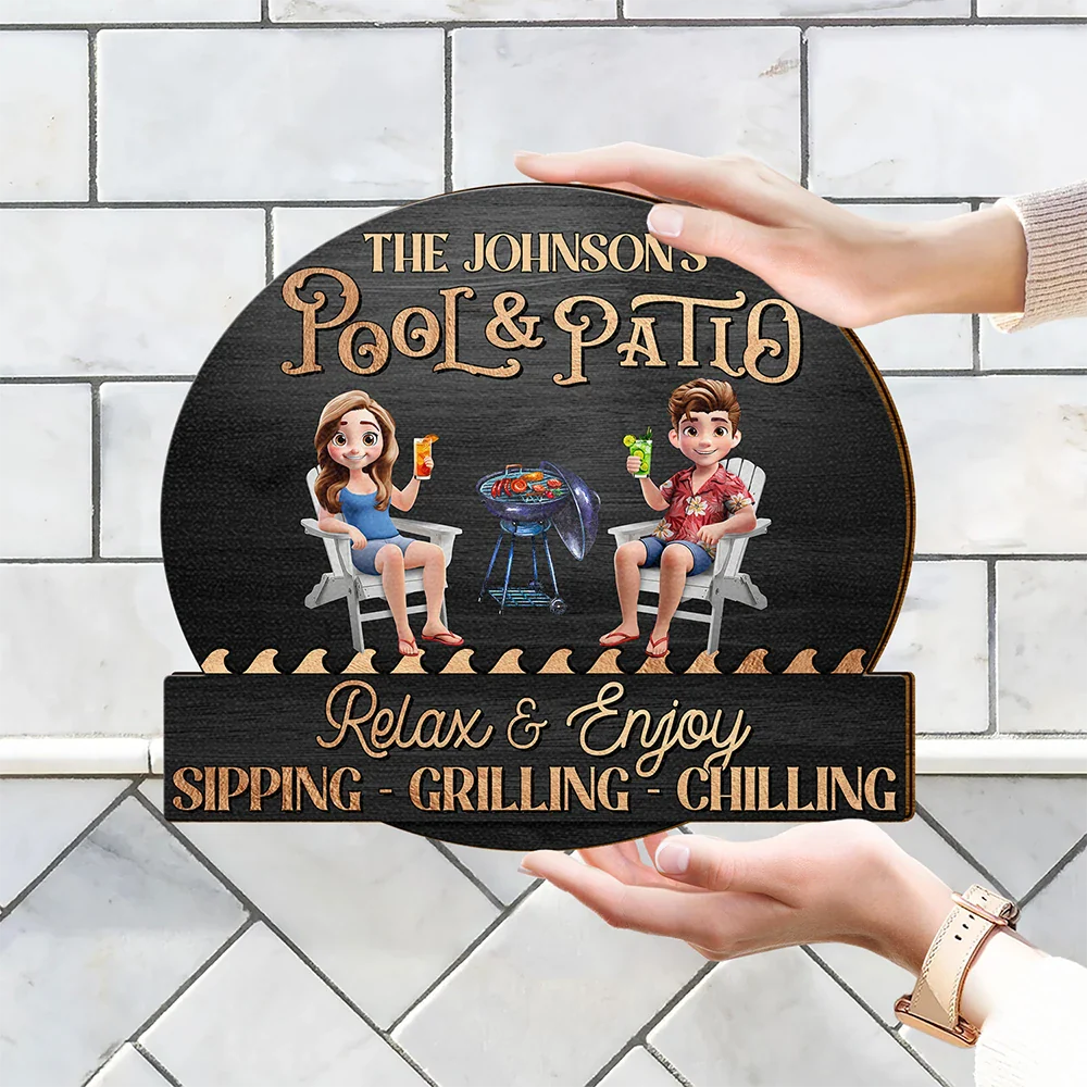 Couple Poolside Paradise Relax Enjoy 3D Effect - Personalized Custom Shaped Wood Sign