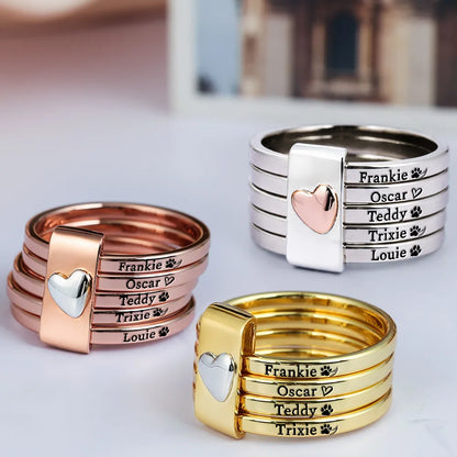 Custom Name Jelwery For Dog Moms Cat Moms - Personalized Heart Stacking Rings