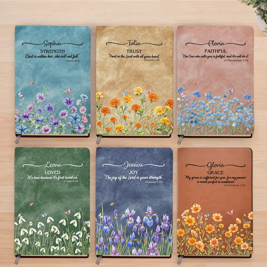 Custom Name With Bible Verse And Birth Month Flower - Personalized Leather Journal