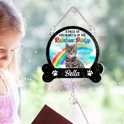 Custom Photo A Piece Of My Heart Is At The Rainbow Bridge - Personalized Rainbow Suncatcher With Crystal Ball Prism