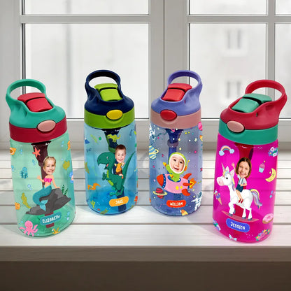 Custom Photo Cute & Funny Car Mermaid Unicorn Dinosaur Astronaut - Personalized Kids Water Bottle With Straw