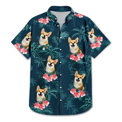 Custom Photo Family Pet Face Palm Tree Pattern - Personalized Hawaiian Shirt