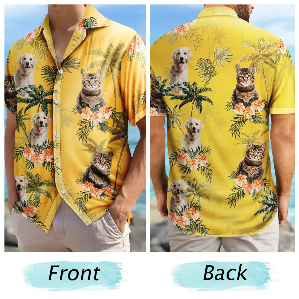 Custom Photo Family Pet Face Palm Tree Pattern - Personalized Hawaiian Shirt