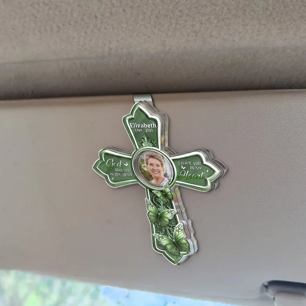 Custom Photo God Has You In His Arms Cross Memorial Gifts - Personalized Custom Shaped Acrylic Car Visor Clip