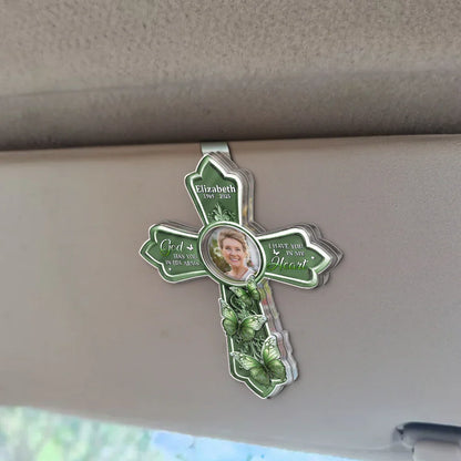 Custom Photo God Has You In His Arms Cross Memorial Gifts - Personalized Custom Shaped Acrylic Car Visor Clip