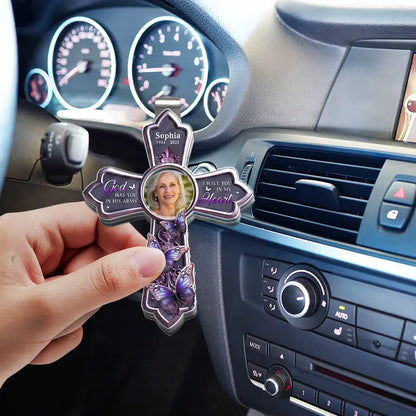 Custom Photo God Has You In His Arms Cross Memorial Gifts - Personalized Custom Shaped Acrylic Car Visor Clip