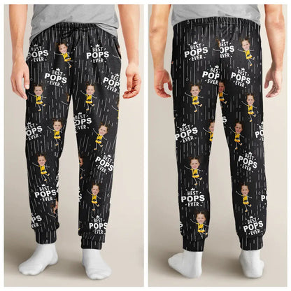 Custom Photo Happy Grandkids Best Papa Grandpa Ever Rain Pattern - Personalized Pajama Pants