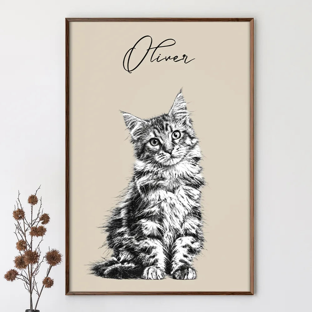 Custom Photo Pencil Sketch Family Dog Cat Portrait - Personalized Poster