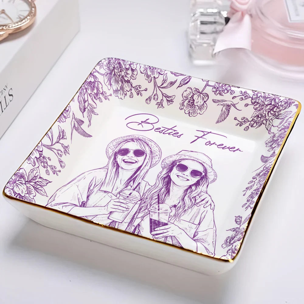 Custom Photo Pencil Sketch Loving Couple Family Pet - Personalized Ring Dish