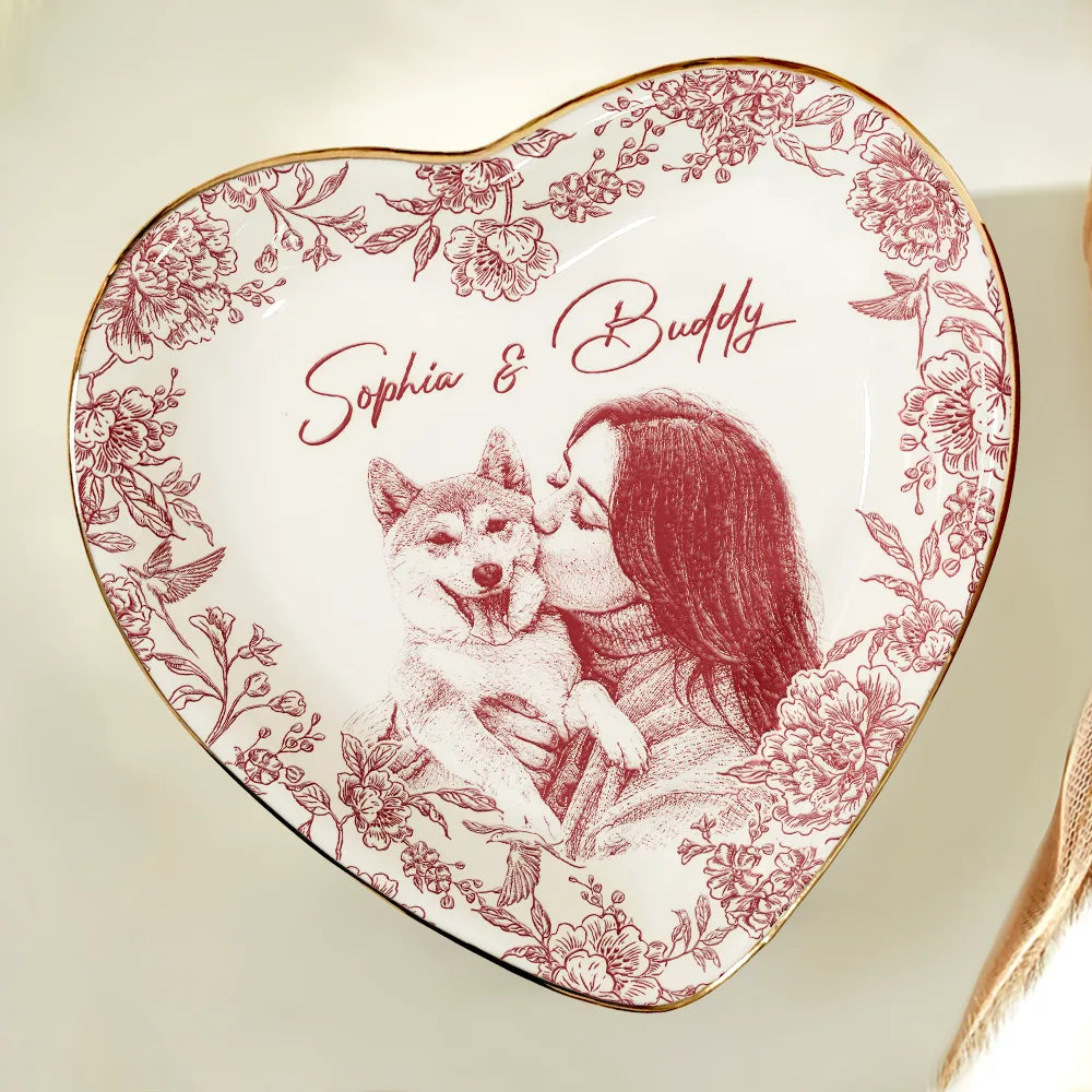 Custom Photo Pencil Sketch Loving Couple Family Pet - Personalized Ring Dish