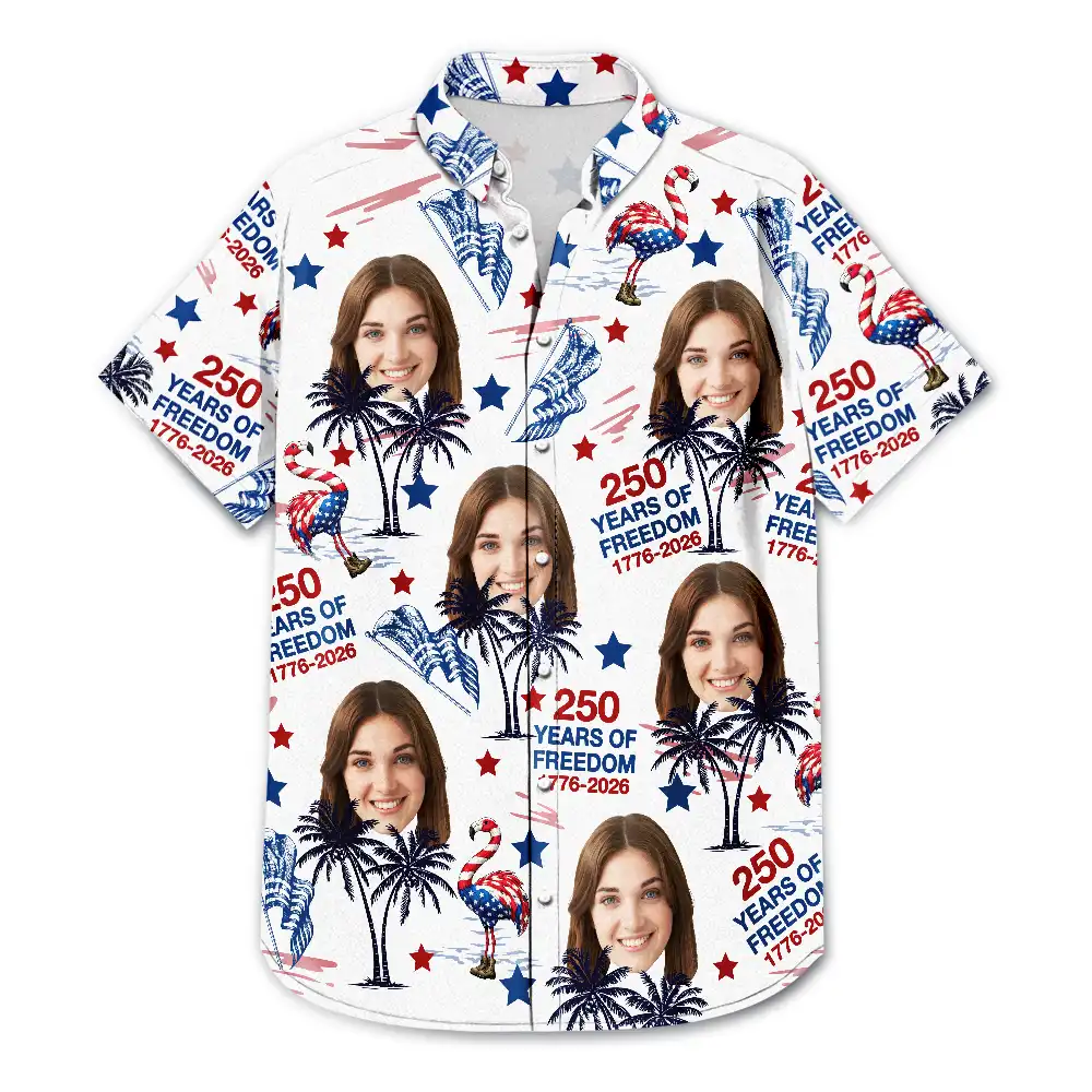 Custom Photo Stars & Stripes Family Pets Kids Tropical Flamingo - Personalized Hawaiian Shirt