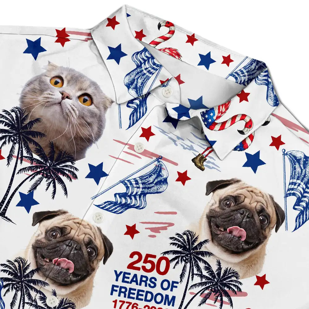 Custom Photo Stars & Stripes Family Pets Kids Tropical Flamingo - Personalized Hawaiian Shirt