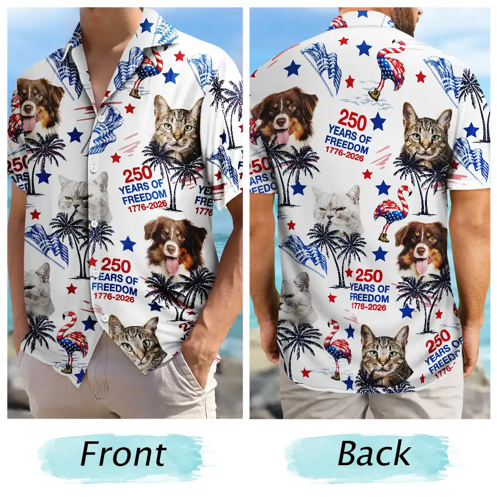 Custom Photo Stars & Stripes Family Pets Kids Tropical Flamingo - Personalized Hawaiian Shirt